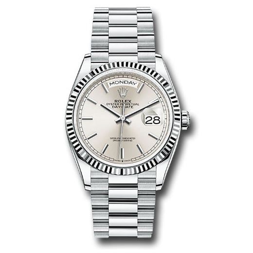 Đồng hồ Rolex Platinum Day-Date Fluted Bezel Silver Index Dial President Bracelet 128236 sip 36mm
