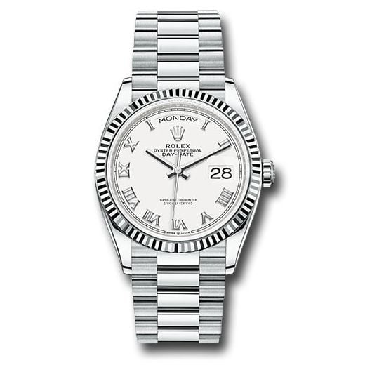 Đồng hồ Rolex Platinum Day-Date Fluted Bezel White Roman Dial President Bracelet 128236 wrp 36mm