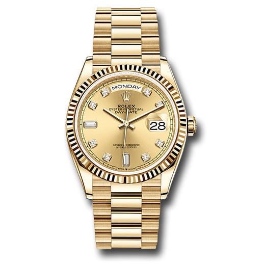Đồng hồ Rolex Yellow Gold Day-Date Fluted Bezel Champagne Diamond Dial President Bracelet 128238 chdp 36mm