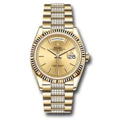 Đồng hồ Rolex Yellow Gold Day-Date Fluted Bezel Champagne Index Dial Diamond President Bracelet 128238 chidp 36mm