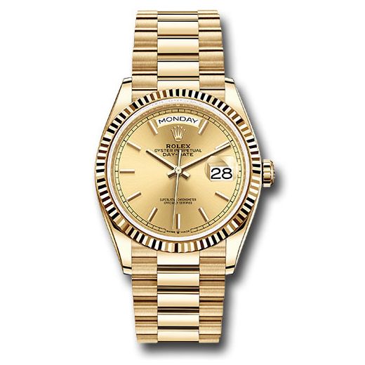 Đồng hồ Rolex Yellow Gold Day-Date Fluted Bezel Champagne Index Dial President Bracelet 128238 chip 36mm