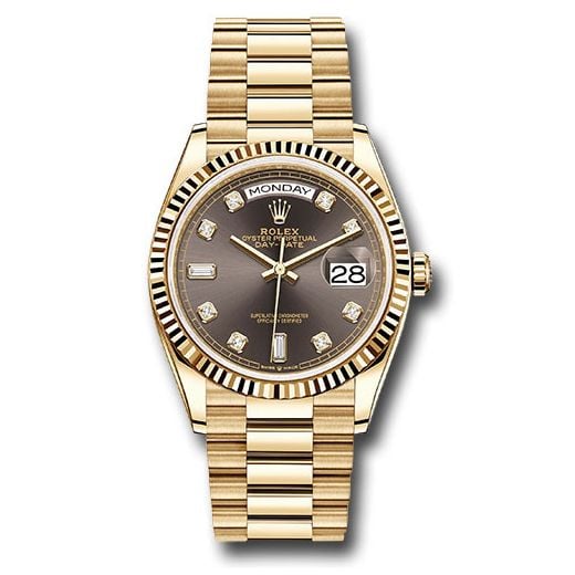 Đồng hồ Rolex Yellow Gold Day-Date Fluted Bezel Dark Grey Diamond Dial President Bracelet 128238 dkgdp 36mm