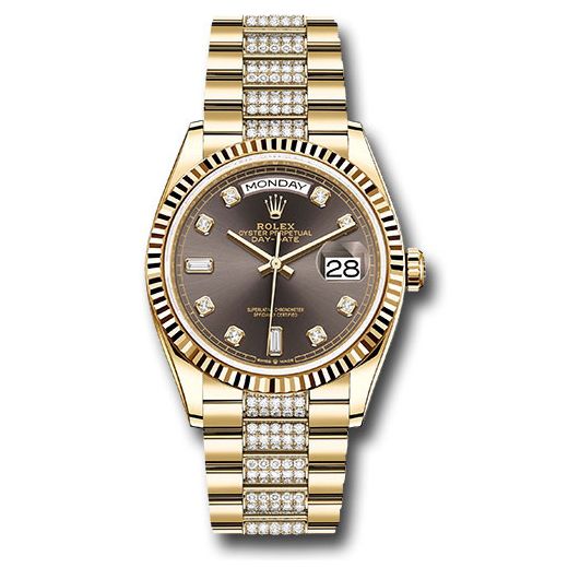 Đồng hồ Rolex Yellow Gold Day-Date Fluted Bezel Dark Grey Diamond Dial Diamond President Bracelet 128238 dkgrddp 36mm