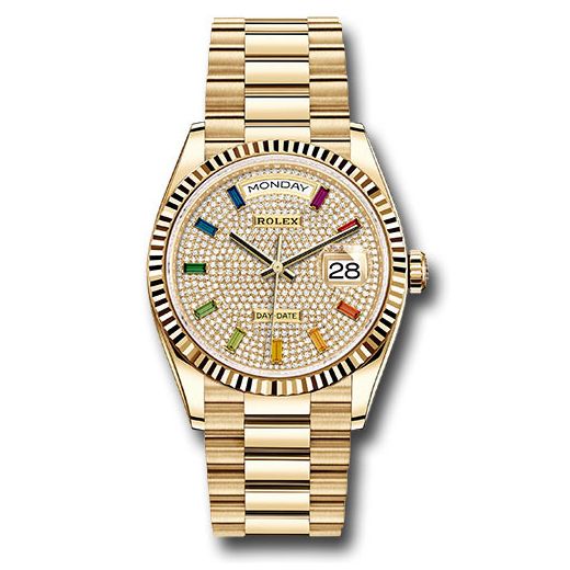 Đồng hồ Rolex Yellow Gold Day-Date Fluted Bezel Diamond-Paved Rainbow Sapphire Dial President Bracelet 128238 dprsp 36mm