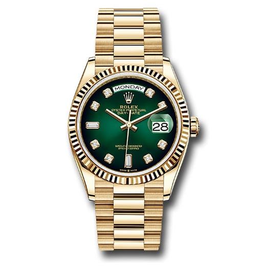 Đồng hồ Rolex Yellow Gold Day-Date Fluted Bezel Green Ombre Diamond Dial President Bracelet 128238 godp 36mm