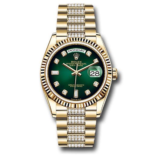 Đồng hồ Rolex Yellow Gold Day-Date Fluted Bezel Green Ombré Diamond Dial Diamond President Bracelet 128238 groddp 36mm
