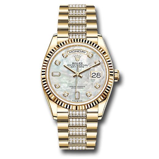 Đồng hồ Rolex Yellow Gold Day-Date Fluted Bezel White Mother-Of-Pearl Diamond Dial Diamond President Bracelet 128238 mddp 36mm