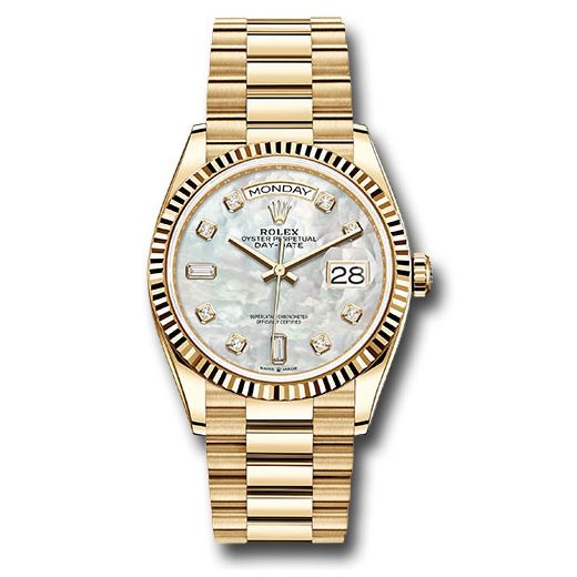 Đồng hồ Rolex Yellow Gold Day-Date Fluted Bezel Mother-of-Pearl Diamond Dial President Bracelet 128238 mdp 36mm