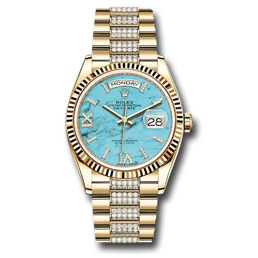 Đồng hồ Rolex Yellow Gold Day-Date Fluted Bezel Turquoise Diamond Index Roman 9 Dial Diamond President Bracelet 128238 tdidrdp 36mm