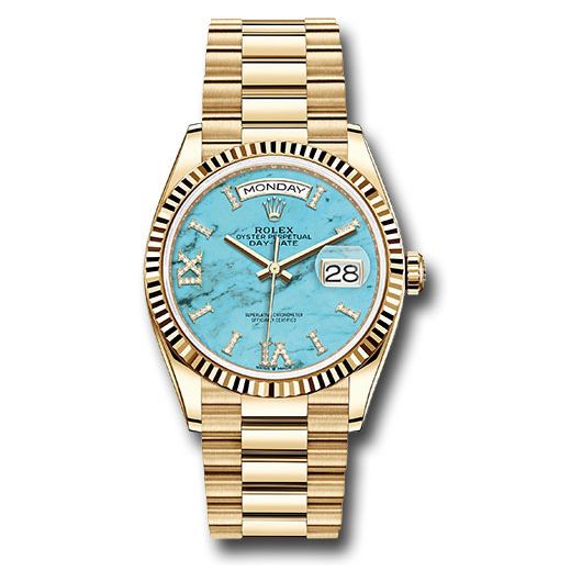 Đồng hồ Rolex Yellow Gold Day-Date Fluted Bezel Turquoise Diamond Index Roman VI & IX Dial President Bracelet 128238 tdidrp 36mm