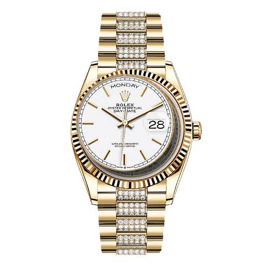 Đồng hồ Rolex Yellow Gold Day-Date Fluted Bezel White Index Dial Diamond President Bracelet 128238 widp 36mm