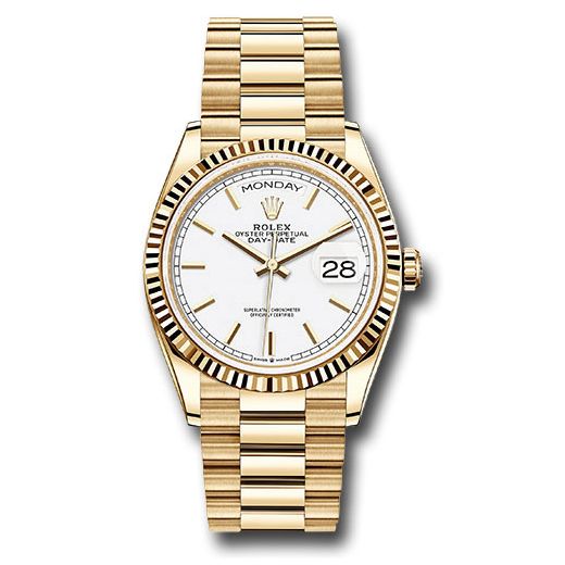 Đồng hồ Rolex Yellow Gold Day-Date Fluted Bezel White Index Dial President Bracelet 128238 wip 36mm