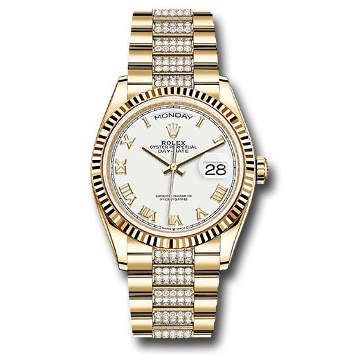 Đồng hồ Rolex Yellow Gold Day-Date Fluted Bezel White Roman Dial Diamond President Bracelet 128238 wrdp 36mm