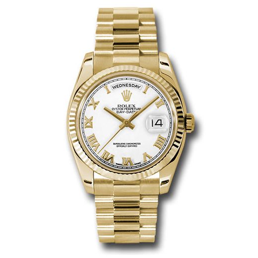 Đồng hồ Rolex Yellow Gold Day-Date Fluted Bezel White Roman Dial President Bracelet 118238 wrp 36mm