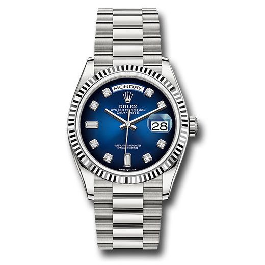Đồng hồ Rolex White Gold Day-Date Fluted Bezel Blue Ombre Diamond Dial President Bracelet 128239 blodp 36mm