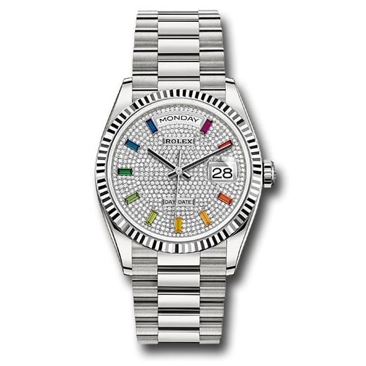 Đồng hồ Rolex White Gold Day-Date Fluted Bezel Diamond Paved Rainbow Sapphire Dial President Bracelet 128239 dprsp 36mm