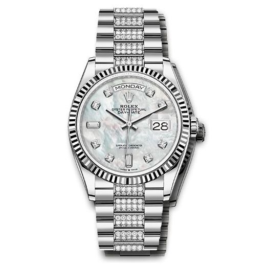 Đồng hồ Rolex White Gold Day-Date Fluted Bezel White Mother-Of-Pearl Diamond Dial Diamond President Bracelet 128239 mddp 36mm