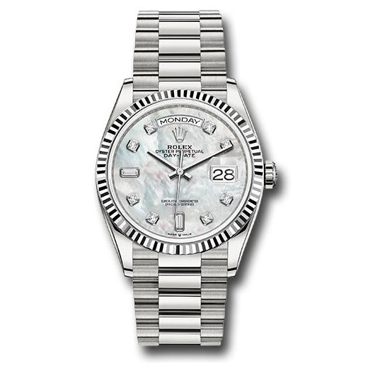 Đồng hồ Rolex White Gold Day-Date Fluted Bezel Mother-of-Pearl Diamond Dial President Bracelet 128239 mdp 36mm