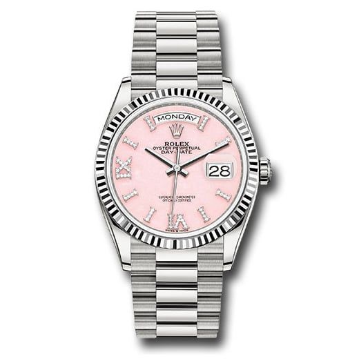 Đồng hồ Rolex White Gold Day-Date Fluted Bezel Pink Opal Diamond Hour Marker Dial President Bracelet 128239 podhmp 36mm