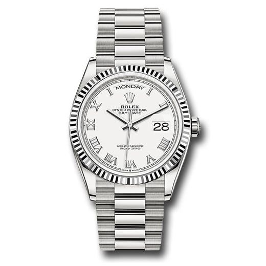 Đồng hồ Rolex White Gold Day-Date Fluted Bezel White Roman Dial President Bracelet 128239 wrp 36mm