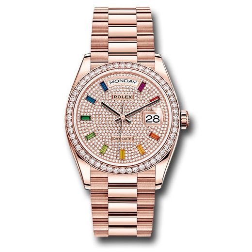 Đồng hồ Rolex Everose Gold Day-Date Diamond Bezel Diamond-Paved Rainbow Sapphire Dial President Bracelet 128345RBR dprsp 36mm