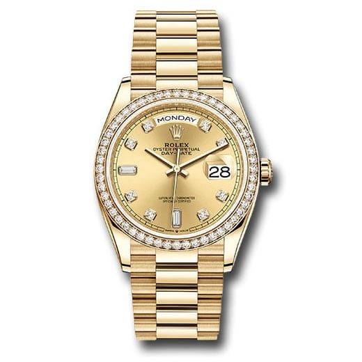 Đồng hồ Rolex Yellow Gold Day-Date Diamond Bezel Champagne Diamond Dial President Bracelet 128348RBR chdp 36mm