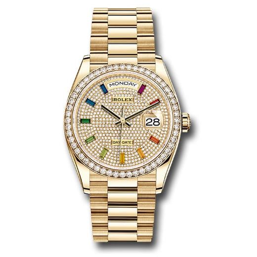 Đồng hồ Rolex Yellow Gold Day-Date Diamond Bezel Diamond-Paved Rainbow Sapphire Dial President Bracelet 128348RBR dprsp 36mm