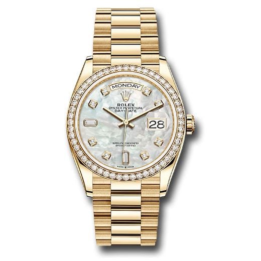 Đồng hồ Rolex Yellow Gold Day-Date Diamond Bezel Mother-of-Pearl Diamond Dial President Bracelet 128348RBR mdp 36mm