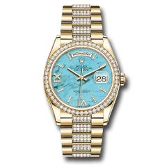 Đồng hồ Rolex Yellow Gold Day-Date Diamond Bezel Turquoise Diamond Index Roman 9 Dial Diamond President Bracelet 128348rbr tdidrdp 36mm