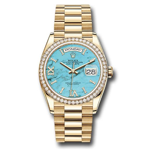 Đồng hồ Rolex Yellow Gold Day-Date Diamond Bezel Turquoise Diamond Roman Dial President Bracelet 128348RBR tdidrp 36mm