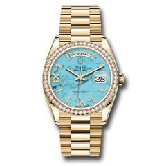 Đồng hồ Rolex Yellow Gold Day-Date Diamond Bezel Turquoise Diamond Roman Dial President Bracelet 128348RBR tdidrp 36mm