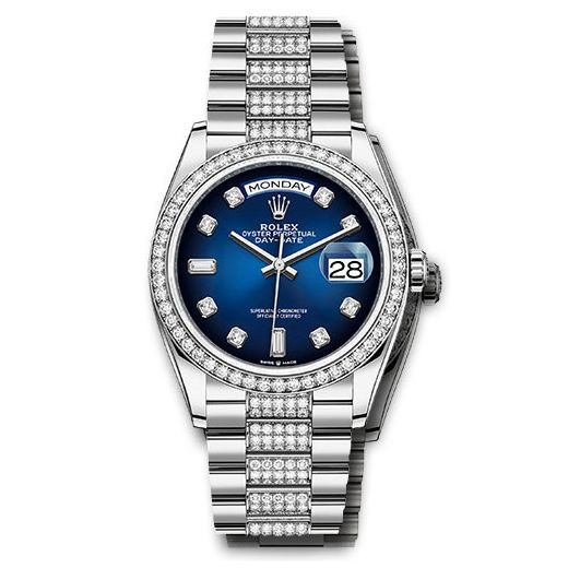Đồng hồ Rolex White Gold Day-Date Diamond Bezel Blue Ombre Diamond Dial Diamond President Bracelet 128349rbr bloddp 36mm