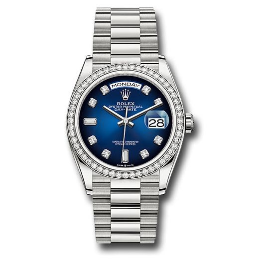 Đồng hồ Rolex White Gold Day-Date Diamond Bezel Blue Ombre Diamond Dial President Bracelet 128349RBR blodp 36mm