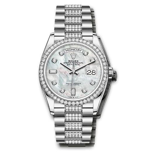 Đồng hồ Rolex White Gold Day-Date Diamond Bezel White Mother-Of-Pearl Diamond Dial Diamond President Bracelet 128349rbr mddp 36mm