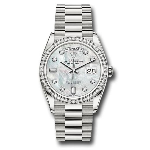 Đồng hồ Rolex White Gold Day-Date Diamond Bezel Mother-of-Pearl Diamond Dial President Bracelet 128349RBR mdp 36mm