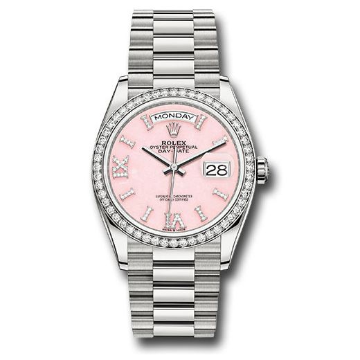 Đồng hồ Rolex White Gold Day-Date Diamond Bezel Pink Opal Diamond Hour Marker Dial President Bracelet 128349RBR podhmp 36mm