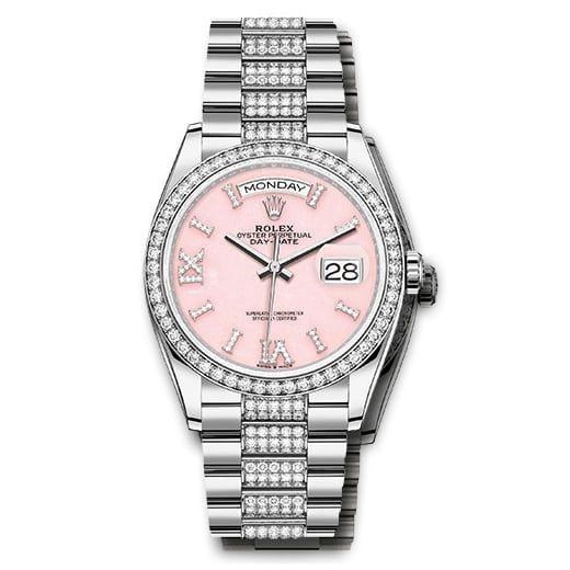 Đồng hồ Rolex White Gold Day-Date Diamond Bezel Pink Opal Diamond Index Roman 9 Dial Diamond President Bracelet 128349rbr podidrdp 36mm
