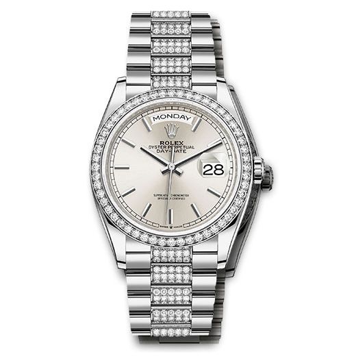 Đồng hồ Rolex White Gold Day-Date Diamond Bezel Silver Index Dial Diamond President Bracelet 128349rbr sidp 36mm