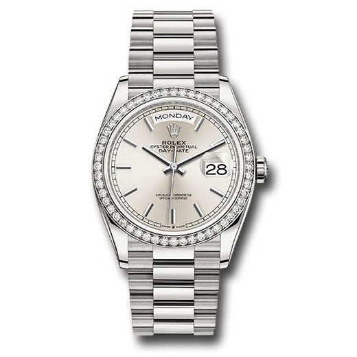 Đồng hồ Rolex White Gold Day-Date Diamond Bezel Silver Index Dial President Bracelet 128349RBR sip 36mm