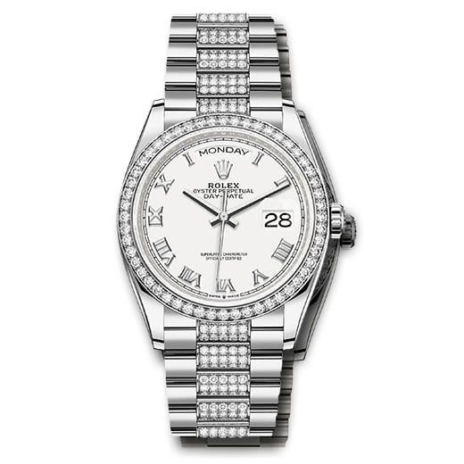 Đồng hồ Rolex White Gold Day-Date Diamond Bezel White Roman Dial Diamond President Bracelet 128349rbr wrdp 36mm