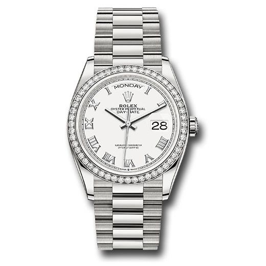 Đồng hồ Rolex White Gold Day-Date Diamond Bezel White Roman Dial President Bracelet 128349rbr wrp 36mm