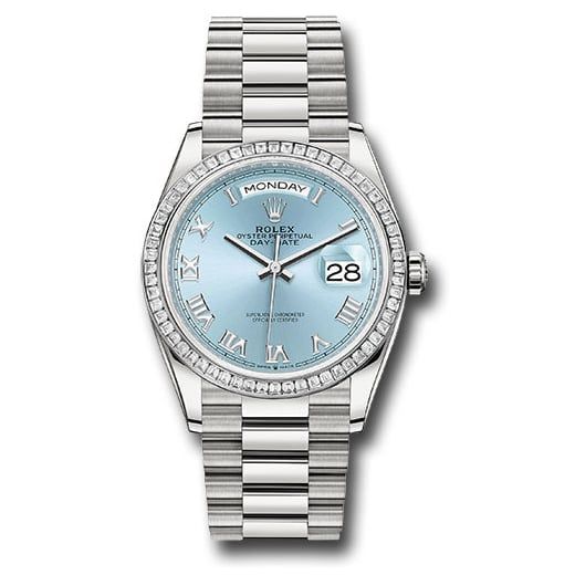 Đồng hồ Rolex Platinum Day-Date Diamond Bezel Ice Blue Roman Dial President Bracelet 128396tbr ibrp 36mm
