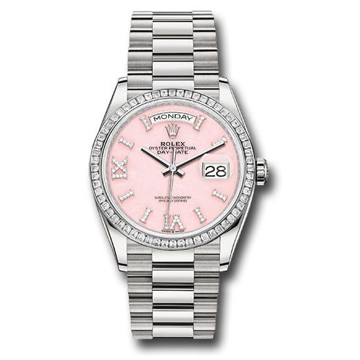Đồng hồ Rolex Platinum Day-Date Diamond Bezel Pink Opal Diamond Index Roman 9 Dial President Bracelet 128396tbr podidrp 36mm