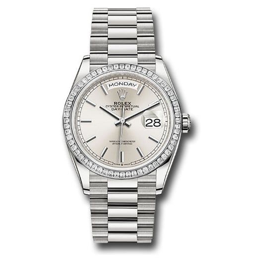Đồng hồ Rolex Platinum Day-Date Diamond Bezel Silver Index Dial President Bracelet 128396tbr sip 36mm