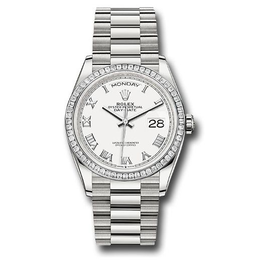 Đồng hồ Rolex Platinum Day-Date Diamond Bezel White Roman Dial President Bracelet 128396tbr wrp 36mm