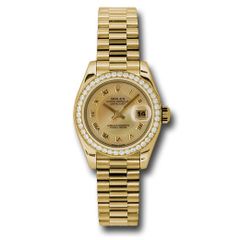 Đồng hồ Rolex Yellow Gold Lady-Datejust 42 Diamond Bezel Champagne Decorated Mother-Of-Pearl Roman Dial President Bracelet 179138 chmdrp 26mm