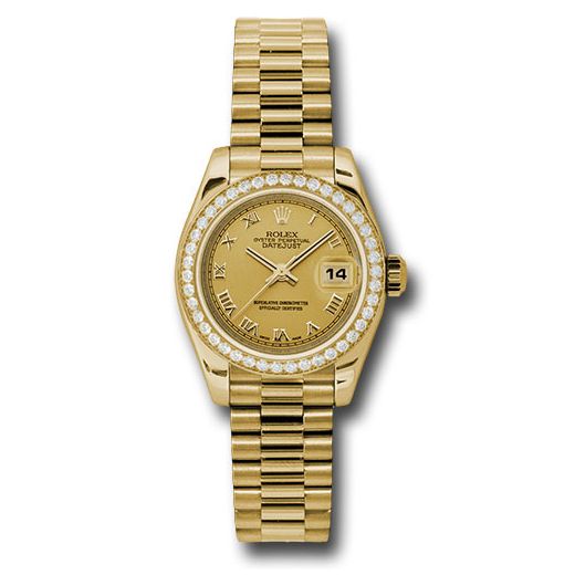 Đồng hồ Rolex Yellow Gold Lady-Datejust 42 Diamond Bezel Champagne Roman Dial President Bracelet 179138 chrp 26mm