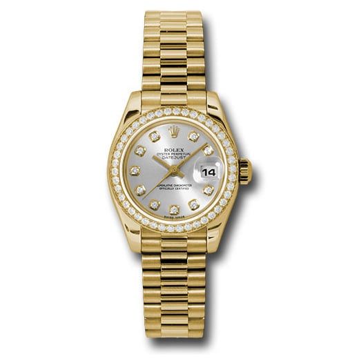 Đồng hồ Rolex Yellow Gold Lady-Datejust 42 Diamond Bezel Silver Diamond Dial President Bracelet 179138 sdp 26mm