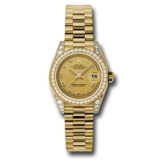 Đồng hồ Rolex Yellow Gold Lady-Datejust 42 Diamond Bezel Champagne Roman Dial President Bracelet 179158 chrp 26mm