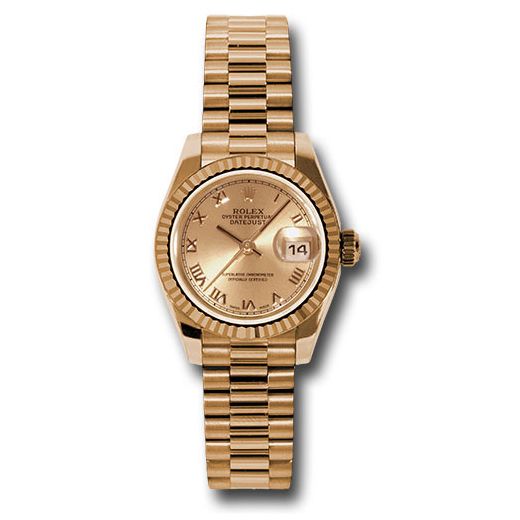 Đồng hồ Rolex Pink Gold Lady-Datejust Fluted Bezel Champagne Roman Dial President Bracelet 179175 chrp 26mm